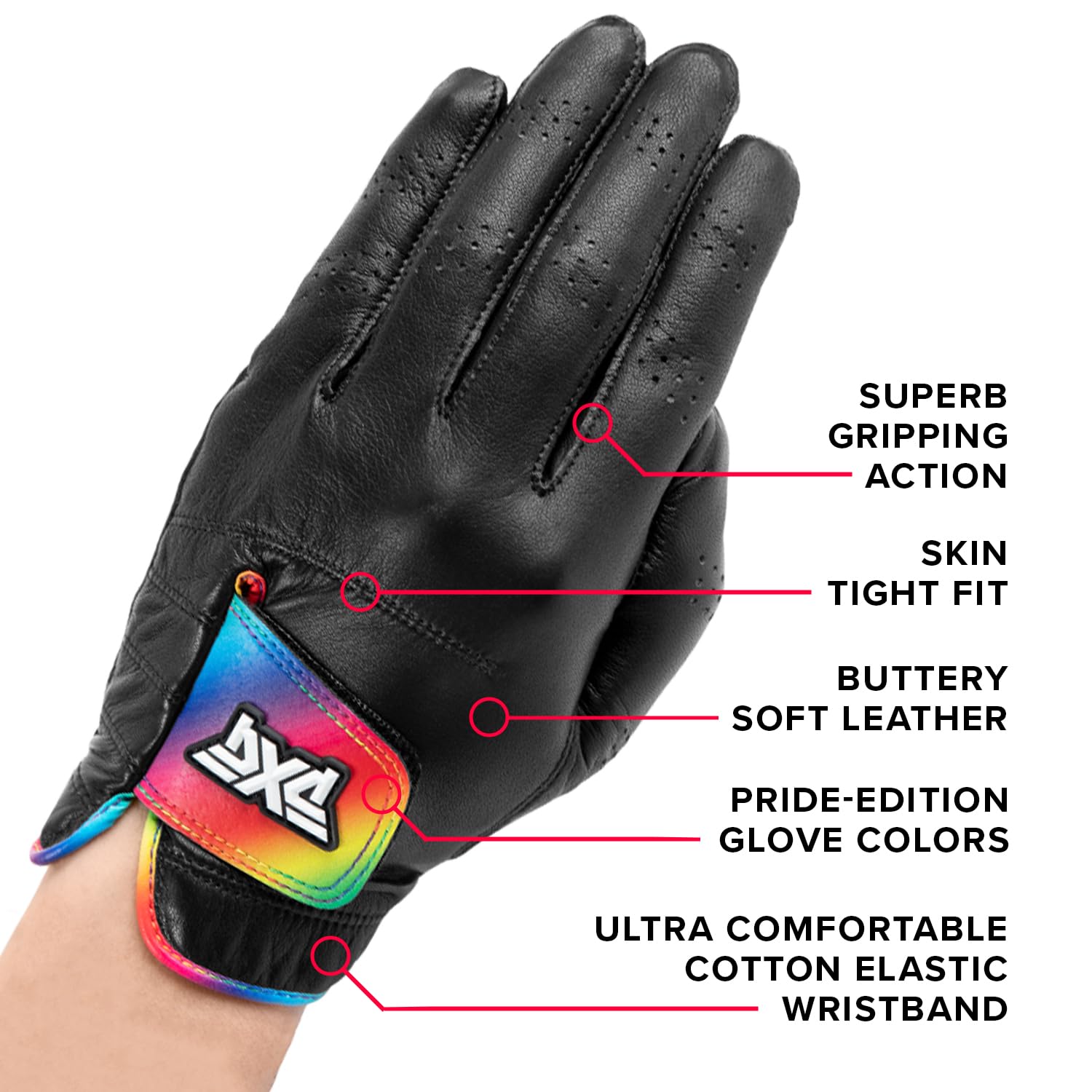 PXG Men's Pride Premium Fit Players Golf Glove - 100% Cabretta Leather with Cotton-Based Elastic Rainbow Wristband